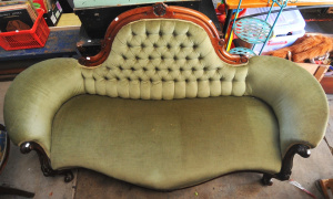 Lot 87 - Vintage Victorian Button Back Two Seater Couch w Light Green Upholstery