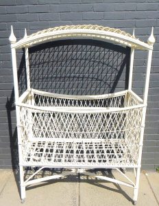 Lot 93 - 1920s White Painted Cane childrens Cot with lattice sides & canopy