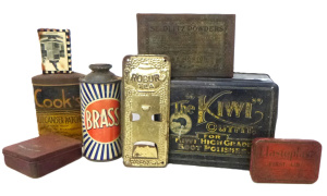 Lot 103 - Group lot of Vintage Tin Items inc, The Kiwi Boot Polish, Cooks Vulcan