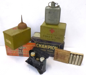 Lot 118 - Group lot of Blokey items inc, Champion Spark Plugs tin,2 x Outfit Fir