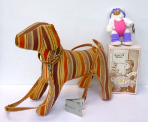 Lot 119 - 2 x toys inc, Oroton Malibu Dog with striped fabric, leather lead, paw