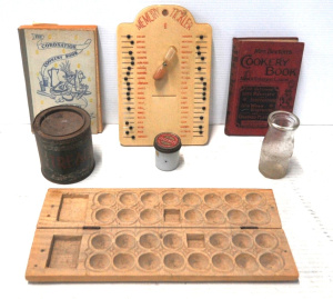 Lot 151 - Lot of Vintage Kitchen Items incl Wooden Mould, Mrs Beetons Cookery Bo