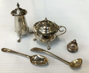 Lot 185 - Group Sterling silver - Pepper pot, mustard pot Bham 1900, 2 x spoons,