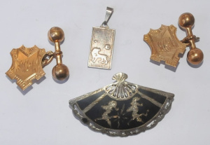 Lot 196 - Group - pr vintage 9ct silver lined Cufflinks, Sterling Sian fan shape