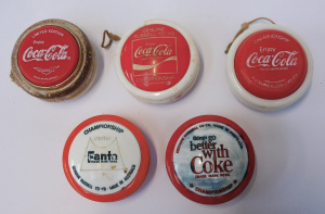 Five vintage Yoyos inc Australian Russell Coke & Fanta & Three Russell