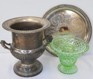 Green Depression Glass Bowl w Flower Frog, Ornate Wine Bucket & Serving Tray