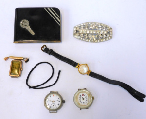 Group lot vintage Ladies items inc Ladies Compact, Brooch, Watches inc mother of