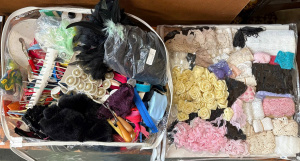 Qty vintage haberdashery, lace and other trimmings, feathers, zips, implements e
