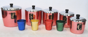 Vintage Anodized Items incl Dutchess Red Anodized Kitchen Canister Set & Hic