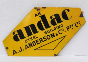 Vintage Enamelled Metal Sign for An Andac Steel Building, AJ Anderson & Co P