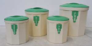 Vintage Four Piece Bakelite White & Green Art Deco Kitchen Canister Set made Vintage Four Piece Bakelite White & Green Art Deco Kitchen Canister Set made