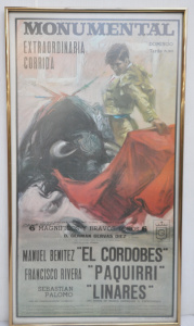 Lot 16 - Large framed Vintage c1960s Spanish Bullfight Poster - details printed