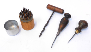 Lot 28 - Group lot vintage tools inc Watchmakers Staking Tool Kit, Auger, Scratc