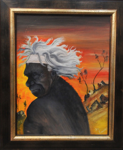 Lot 44 - Jim Edwards Large framed 1970s Oil painting - Aboriginal Elder in Lands
