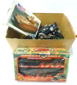 Lot 51 - Box lot of Vintage & Moden Military Related Toys inc, Triang jeep (