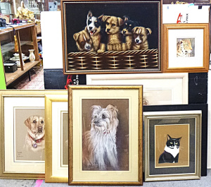 Lot 72 - Large group lot of framed and signed animal themed paintings inc, cats,