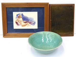 Lot 146 - 3 x items inc, mounted etched brass wall hanging titled Australian Gu