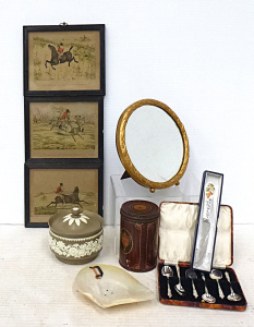 Lot 186 - Group lot of Vintage Items inc, 3 x framed Hunting Prints, MOP dish wi
