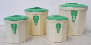 Lot 208 - Vintage Four Piece Bakelite White & Green Art Deco Kitchen Caniste