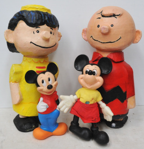 4 x Cartoon Character Figuires incl Plastic Mickey & Miney Mouse Paper Mache