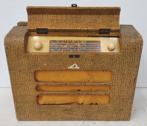 Vintage Portable HMV Portable Radio Reciever w Faux Crocodile Skin Cover