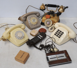 Box lot of Vintage Phones & Clocks incl Decorator Phone, Rotary Phones, Pock