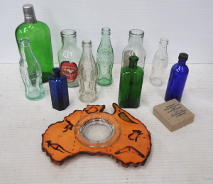 Lot incl Poka Work Australia w Glass Insert Ashtray & Assorted Glass Bottles