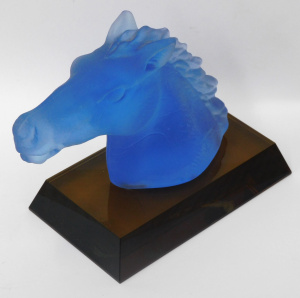 Modernist Frosted Czech Glass Horse Head Figure mounted to Smoke Glass base w Ri