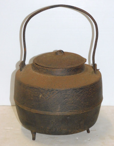 Vintage Japanese Cast Iron lidded Pot - Tri Footed with band of decoration to to