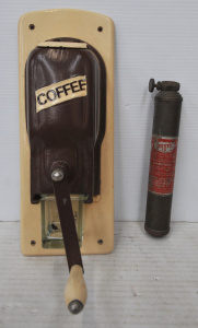 Vintage Painted Wall Mount Coffee Grinder & 1950s PRESTO CB Mini Fire Exting