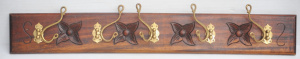 Vintage Wooden Coatt Rack w Brass Coat Hangers & Carved Decoration - Approx