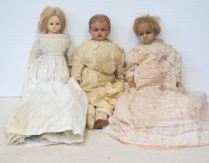 Lot 11 - 3 x Vintage Wax Dolls with padded bodies,, approx 40 - 50cm L