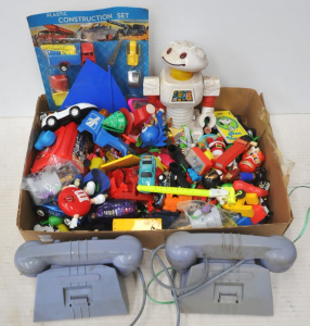 Lot 43 - 2 x Boxes lot of Mixed Plastic Kids Toys incl Robot, Plastic Telephone