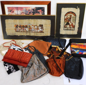 Lot 46 - Mixed Group Lot inc Framed Pictures & box ladies hand bags inc Egyp