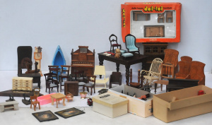 Lot 58 - Large group Vintage Dolls House Furniture inc Wooden Piano Spinning whe
