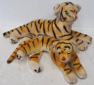 Lot 112 - 2 x vintage Soft Toy Reclining Tigers - smaller w Jestia tag made in J