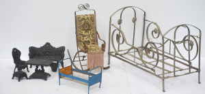 Lot 116 - Group lot vintage Metal dolls house furniture inc Folding Gilt Rocking
