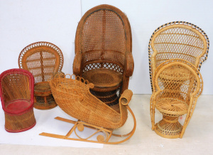Lot 120 - Group lot of Vintage Rattan 7 wicker doll Furniture inc, Peacock chair