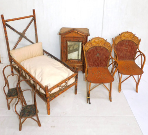 Lot 199 - Group lot of Victorian Bespoke Cane & Wooden Dolls Furniture inc,