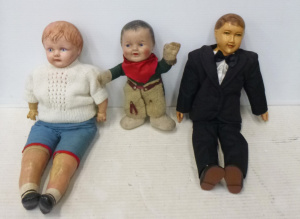 3 x vintage Dolls inc, formally dressed gent - hand painted wooden head & lo