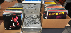 2 x Boxes of Assorted Vinyl & HMV Malibu Portable Record Player w Records in