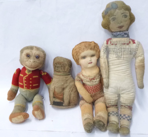 4 x 1920s padded Dolls inc, British Deans Rag Book Tru To Life girl & Monkey