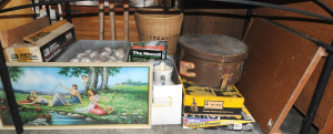 Group Lot of Assorted Items incl Box of Baseballs, Vintage Hatbox, Assorted Chin