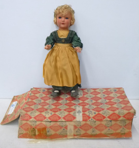 Vintage German Schildkrot hard celluloid doll, sleep eyes styled blonde hair, co