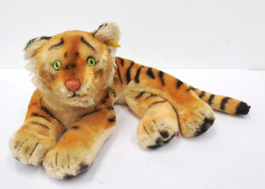 Vintage Steiff German Soft Toy Tiger - Reclining, stitched nose & Glass eyes