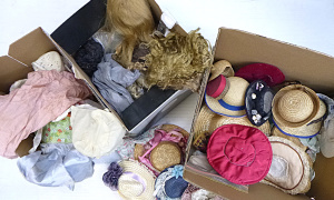 Lot 30 - 3 x Boxes of mostly Vintage Doll Hats, Clothing & Wigs inc, straw Lot 30 - 3 x Boxes of mostly Vintage Doll Hats, Clothing & Wigs inc, straw