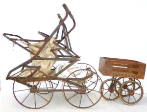 Lot 32 - 2 x Victorian Doll Accessories inc wooden with metal cart & a metal