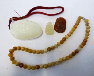 Lot 42 - Group lot of Jade items inc, Chinese hand carved white jade with mythic
