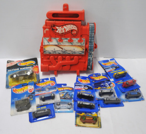 Lot 62 - Lot of Mint Carded Hot Wheels & Hot Wheels Plastic Engine Carry Cas