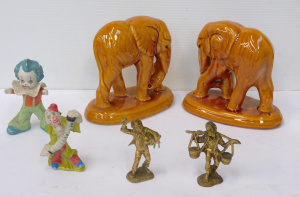 Lot 113 - Mixed Group lot inc Ceramic Tan glazed Elephant bookends 17cm H, 2 Fig